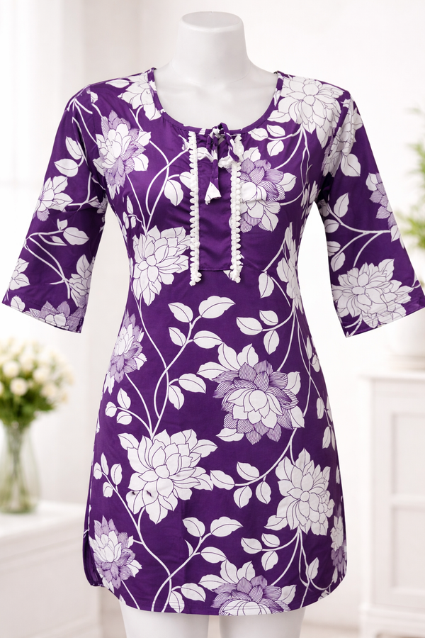 Royal Purple Floral Printed A-Line Kurti Secondary