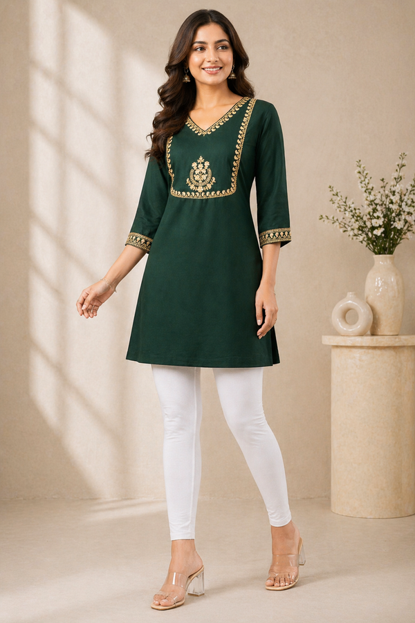 Emerald Green Embroidered Straight Kurti
