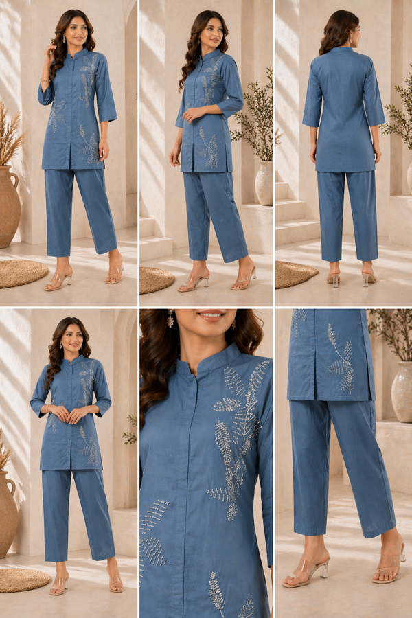Dusty Blue Silver Leaf Kurta Set Secondary