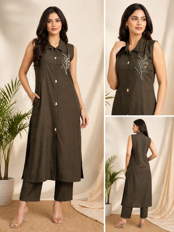 Olive Grace Embroidered Kurta Set Secondary