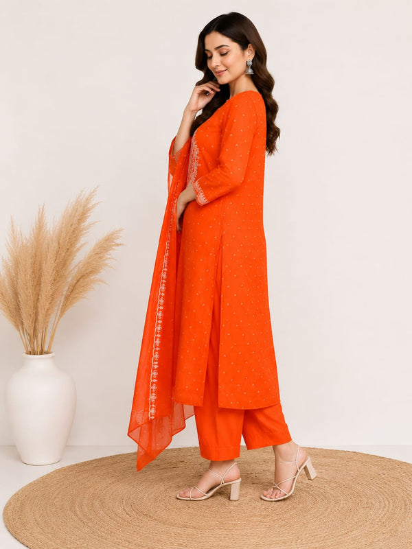 Bright Orange Printed Kurta Set with Dupatta Secondary