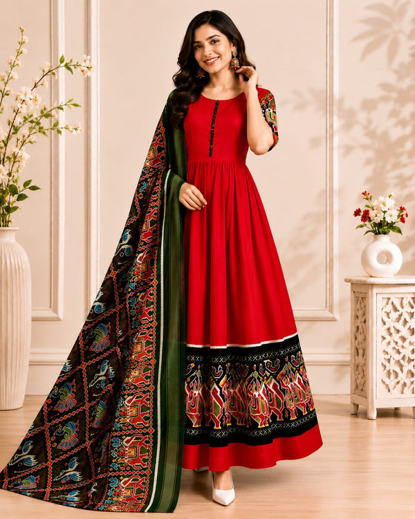 Women's Red Printed Anarkali Set with Dupatta