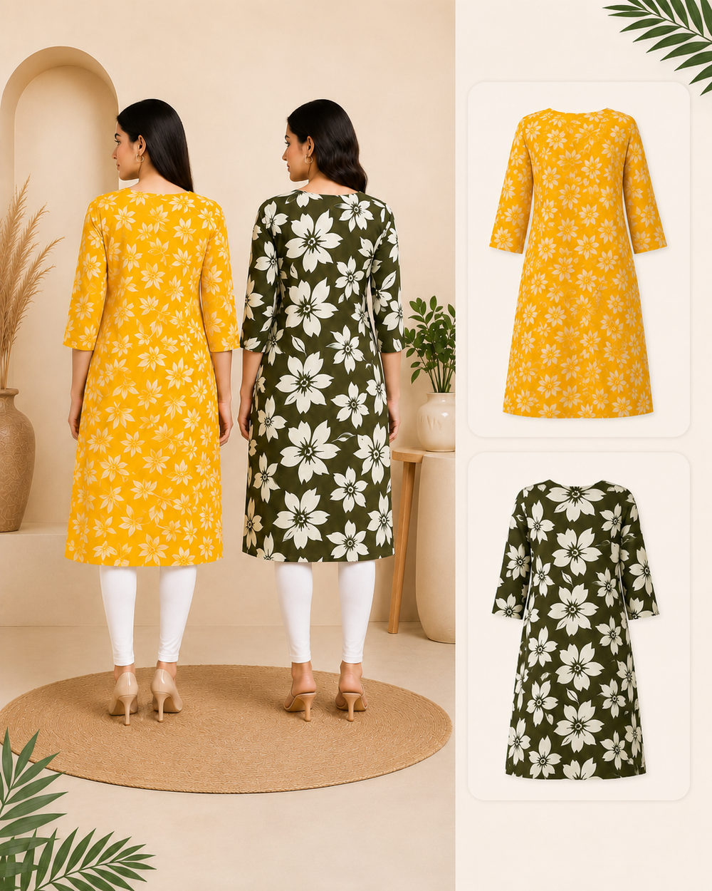 Women Floral Printed Kurti Combo Pack (Yellow & Olive Green) – Pack of 2