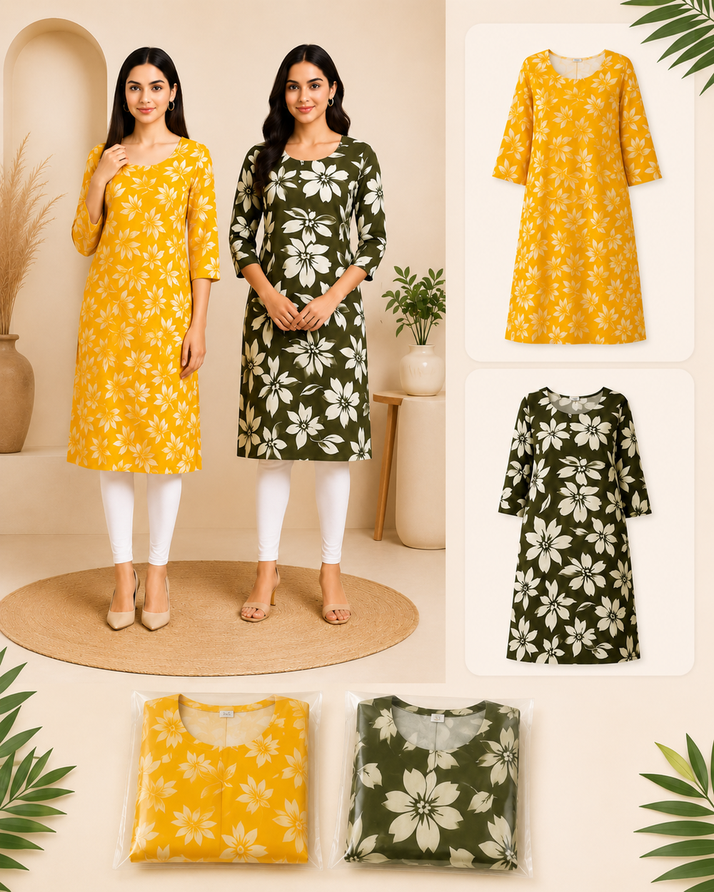 Women Floral Printed Kurti Combo Pack (Yellow & Olive Green) – Pack of 2