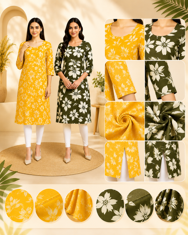 Women Floral Printed Kurti Combo Pack (Yellow & Olive Green) – Pack of 2 Secondary