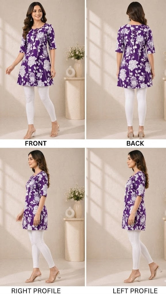 Royal Purple Floral Printed A-Line Kurti