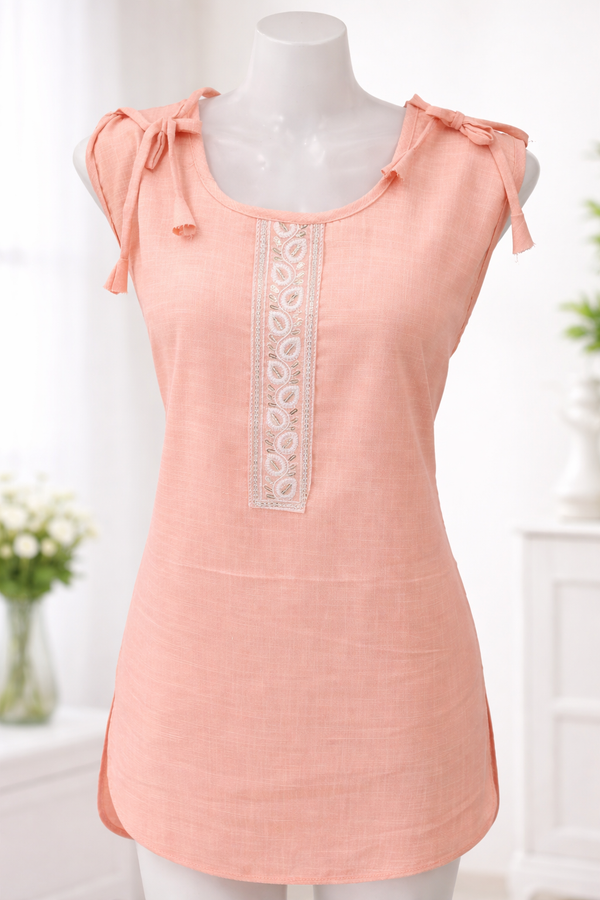 Peach Blossom Embroidered Sleeveless Kurti Secondary