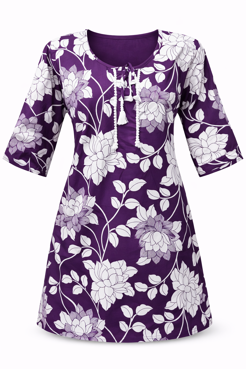 Royal Purple Floral Printed A-Line Kurti