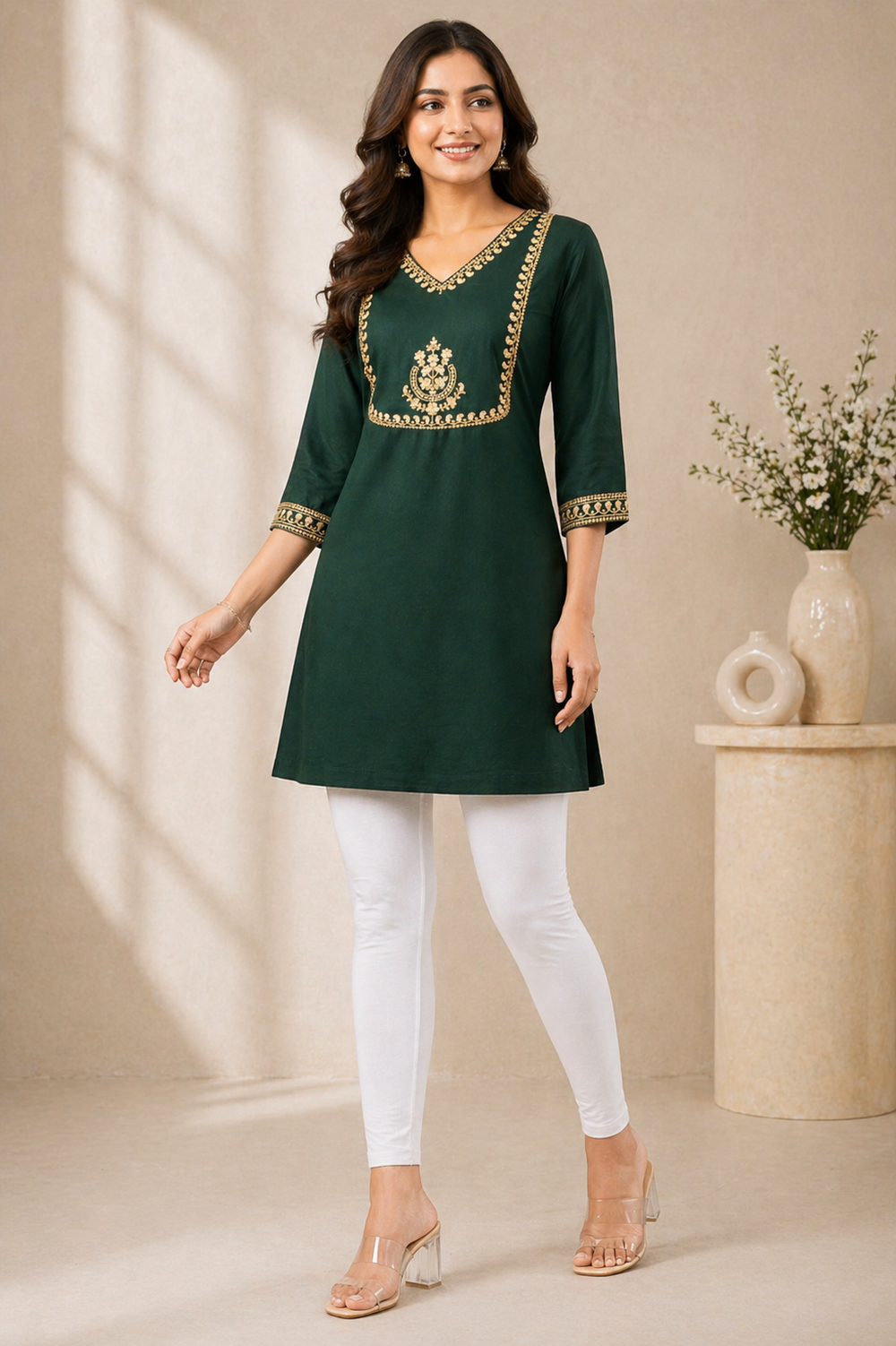 Emerald Green Embroidered Straight Kurti