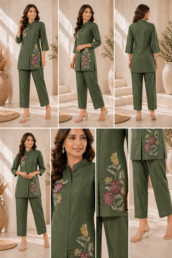 Olive Green Floral Embroidered Kurta Set Secondary