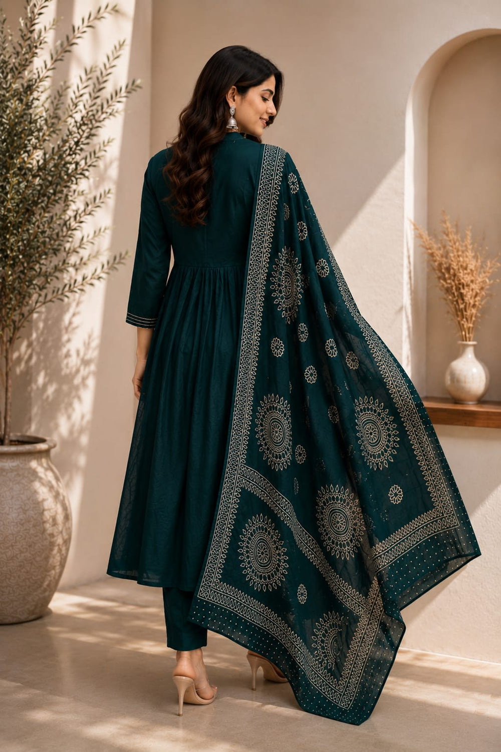 Royal Teal Ethnic Flared Suit Set with Dupatta