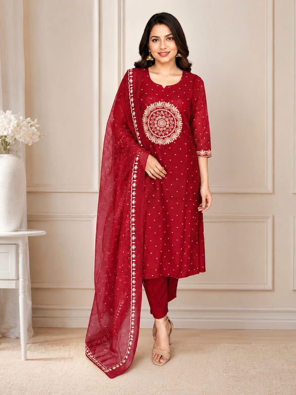 Elegant Wine Red Ethnic Suit Set with Dupatta