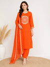 Bright Orange Printed Kurta Set with Dupatta