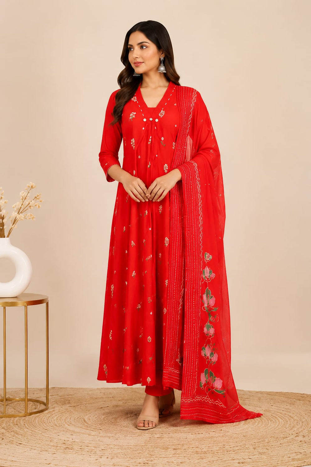 Red Floral Printed Anarkali with Dupatta