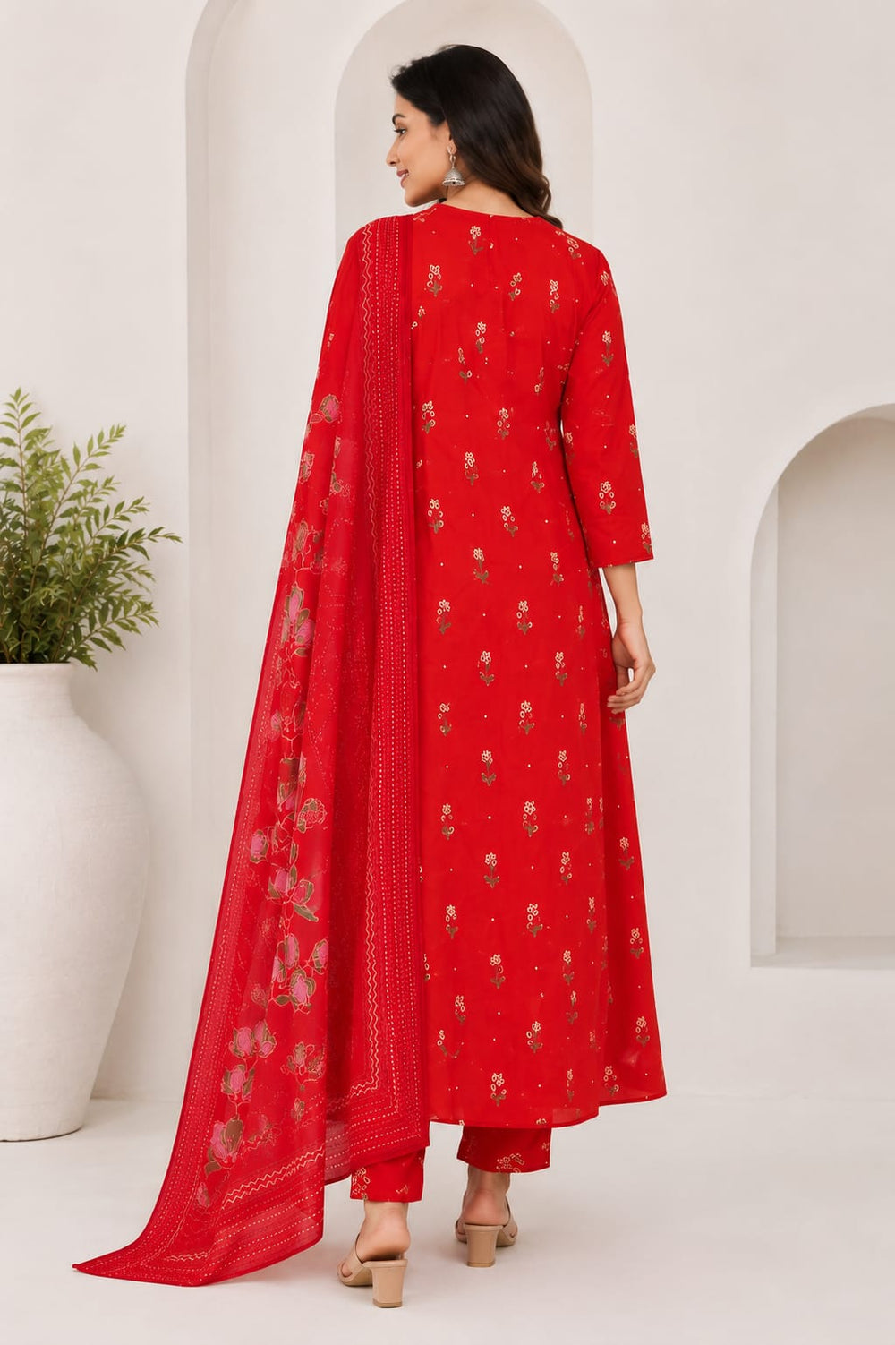 Red Floral Printed Anarkali with Dupatta