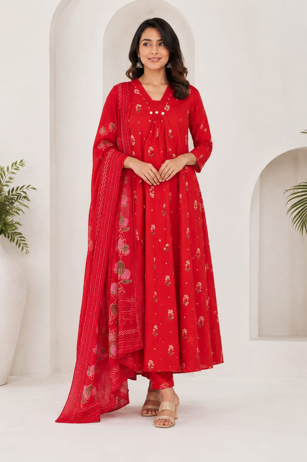 Red Floral Printed Anarkali with Dupatta