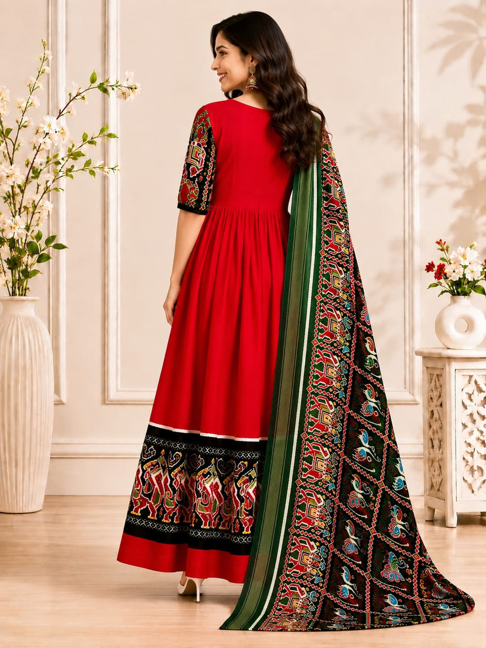 Women's Red Printed Anarkali Set with Dupatta