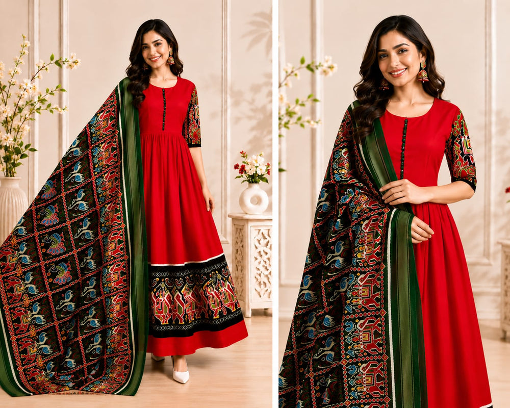 Women's Red Printed Anarkali Set with Dupatta
