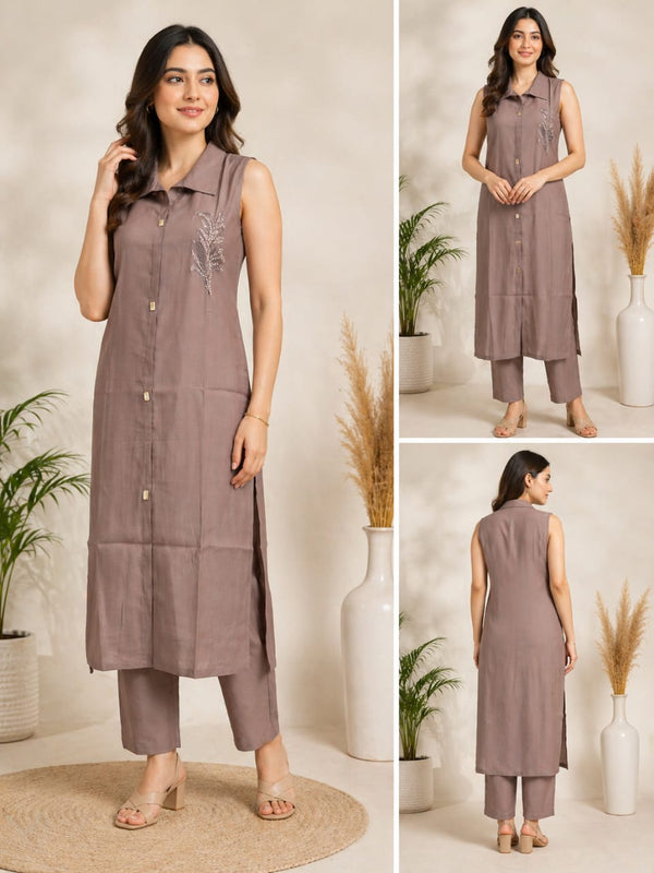 Mocha Brown Minimal Embroidered Kurta Set Secondary