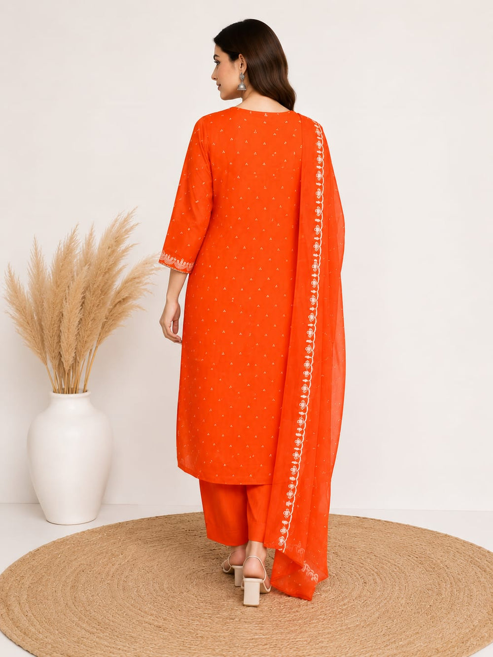 Bright Orange Printed Kurta Set with Dupatta