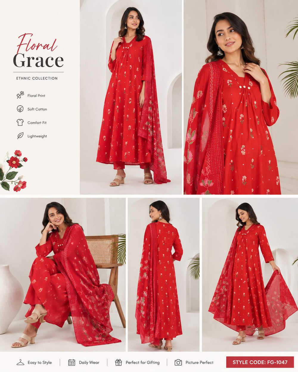 Red Floral Printed Anarkali with Dupatta