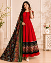 Women's Red Printed Anarkali Set with Dupatta