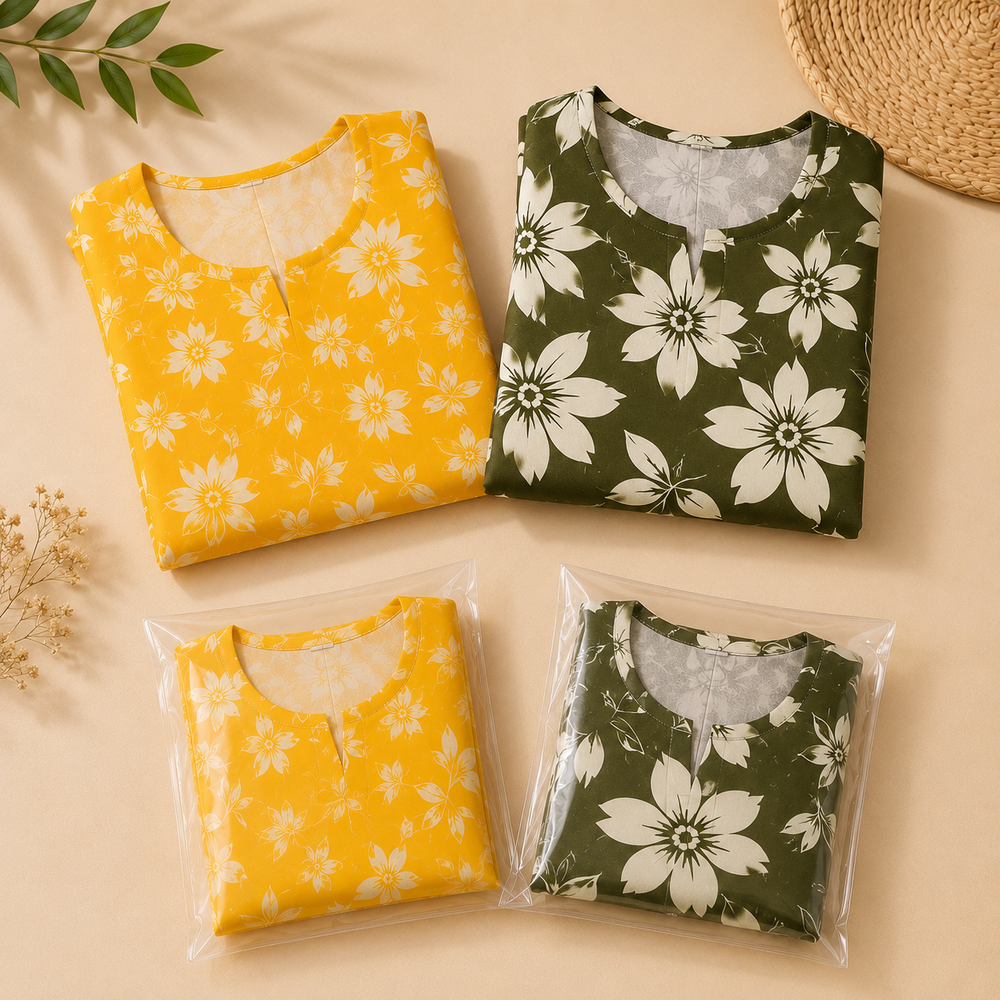 Women Floral Printed Kurti Combo Pack (Yellow & Olive Green) – Pack of 2